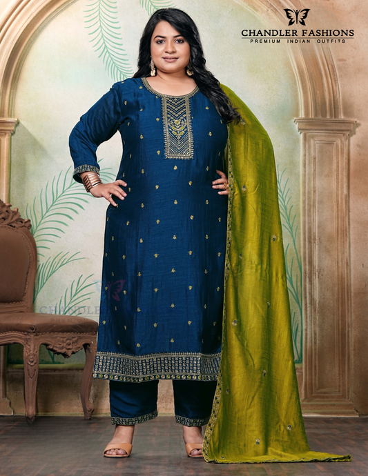 Wonderful Blue Color Vichitra Silk With Embroidery And Sequins Work Salwar Suits For Women