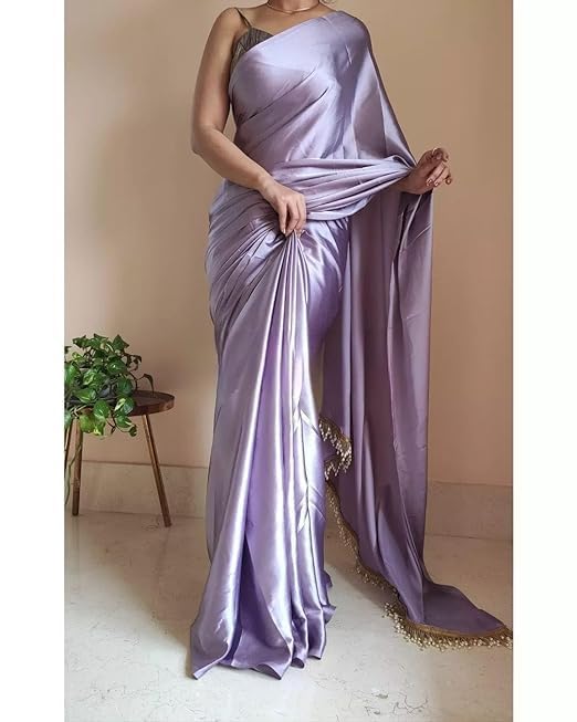 Elegant Lavender color Satin Saree With Lace Latkan Border Work