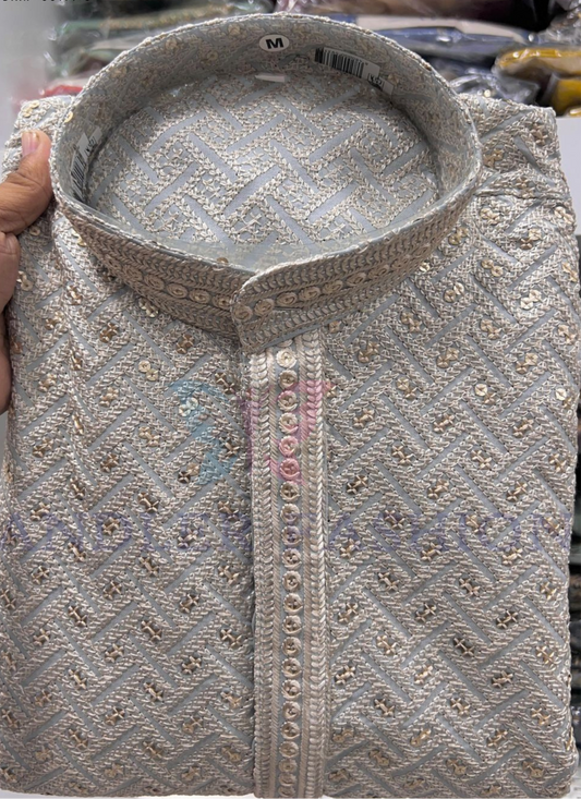 Elegant Gray Color Rayon With Embroidery And Sequins Work Kurta And Pajama For Men