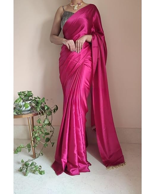 Attractive Rani Pink color Satin Saree With Lace Latkan Border Work