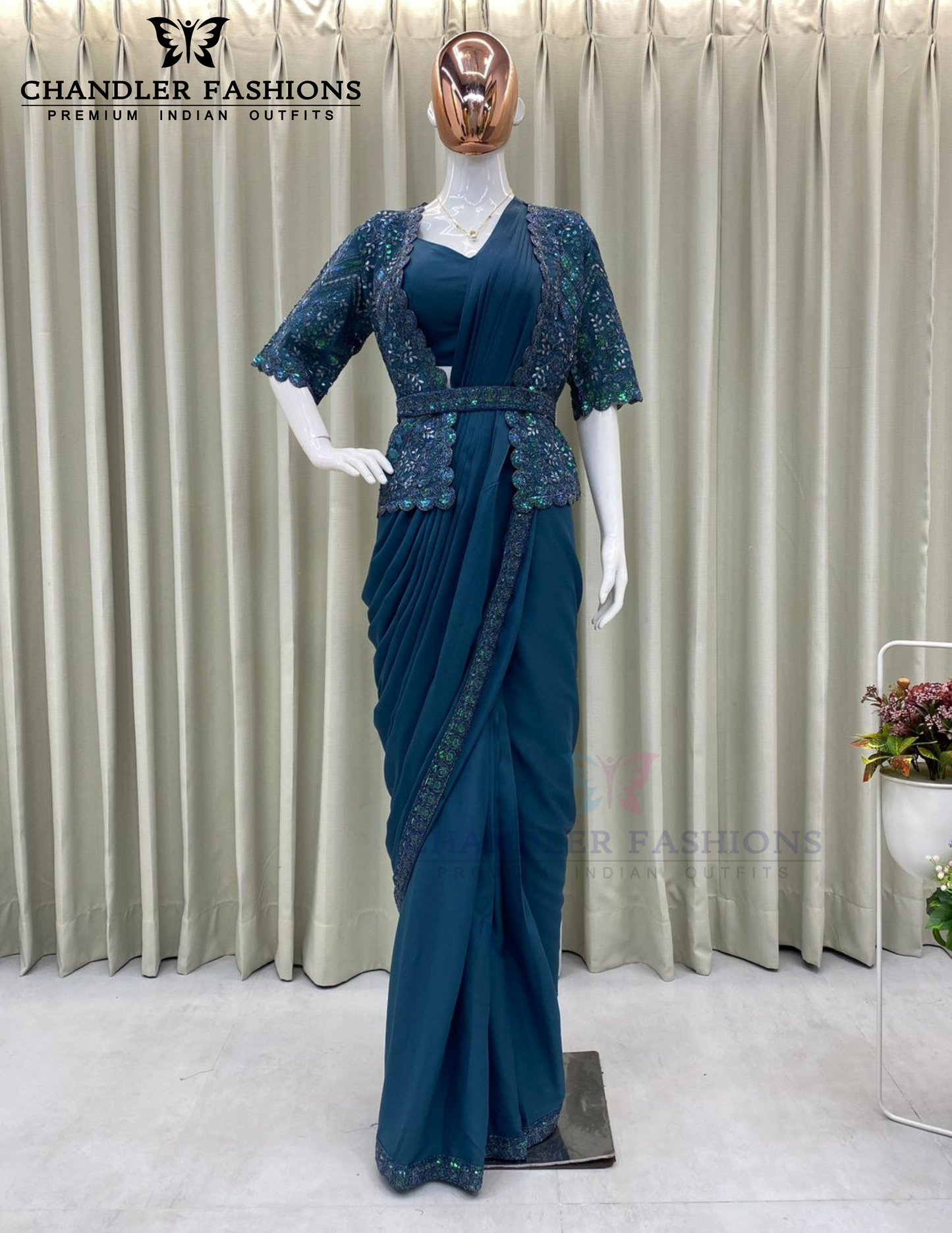 Alluring Teal Blue Color Fancy Ready To Wear Saree For Women Near Me