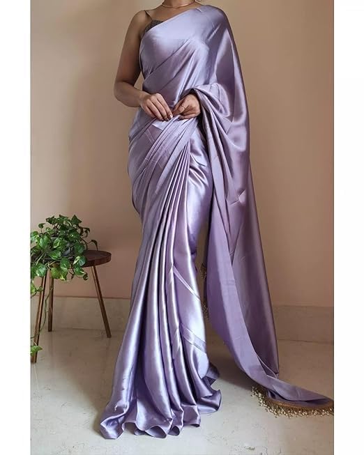 Elegant Lavender color Satin Saree With Lace Latkan Border Work