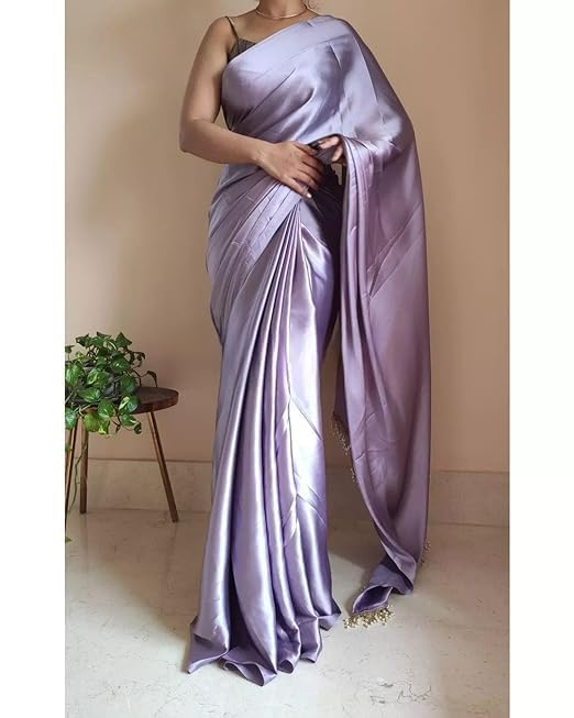 Elegant Lavender color Satin Saree With Lace Latkan Border Work