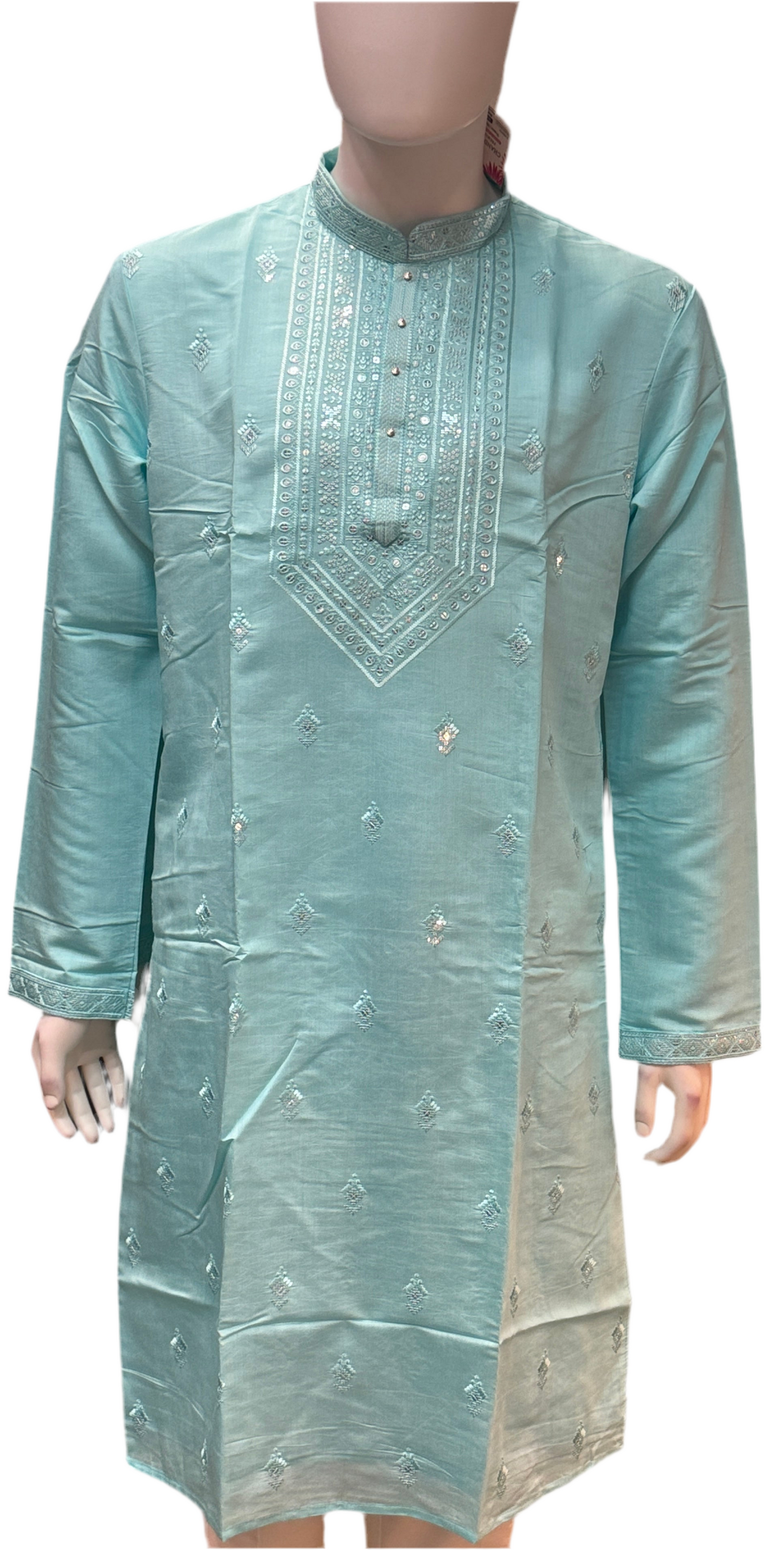 Alluring Sky Blue Color With Cotton Embroidery Work Kurta Suits For Men