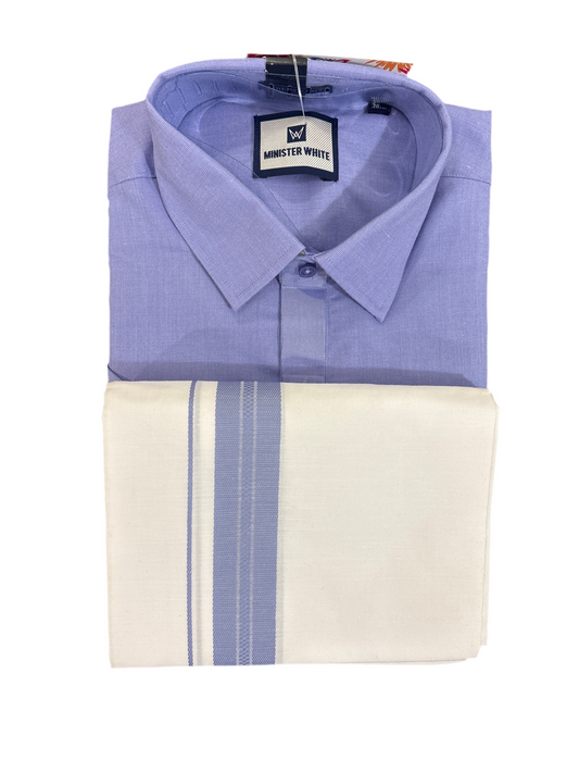Alluring Light Blue Color Cotton Shirt with Blue color Bordered Dhoti For Men