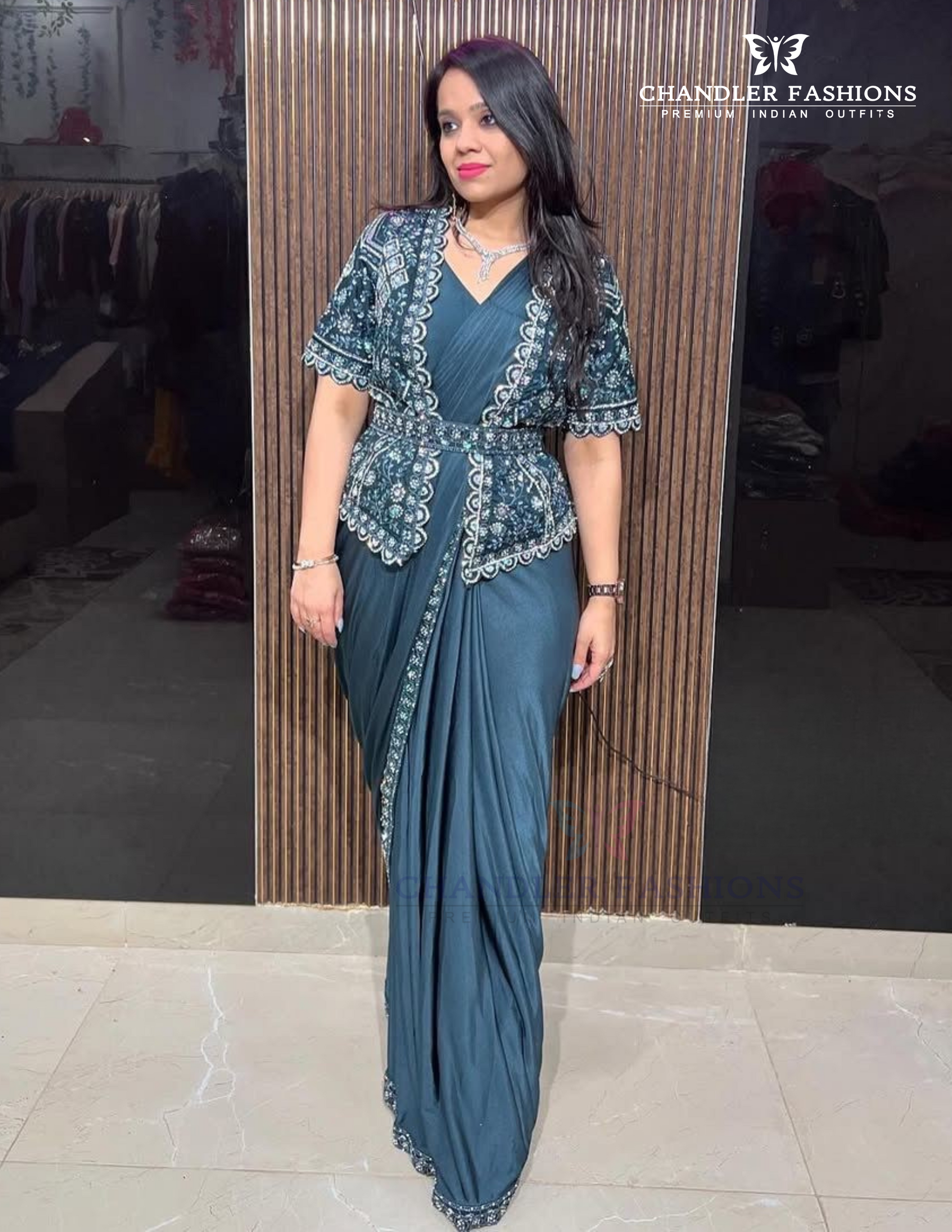 Alluring Teal Blue Color Fancy Ready To Wear Saree For Women 