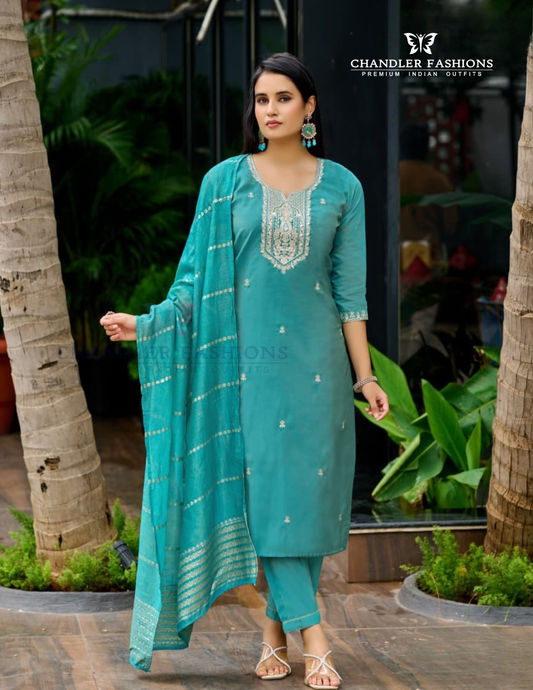 Charming Blue Color Salwar Suits Embroidery Work With Dupatta Set For Women