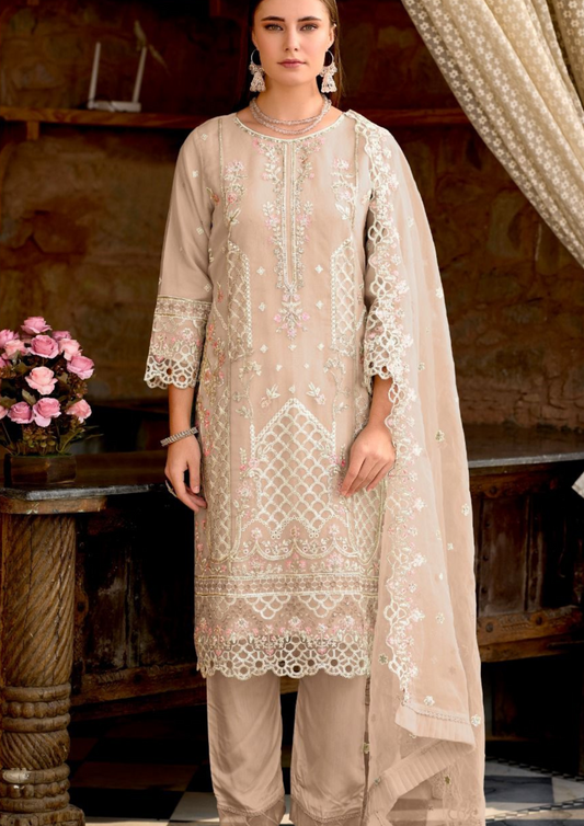 Beautiful Beige Color Organza Heavy Embroidery Salwar Suits For Women