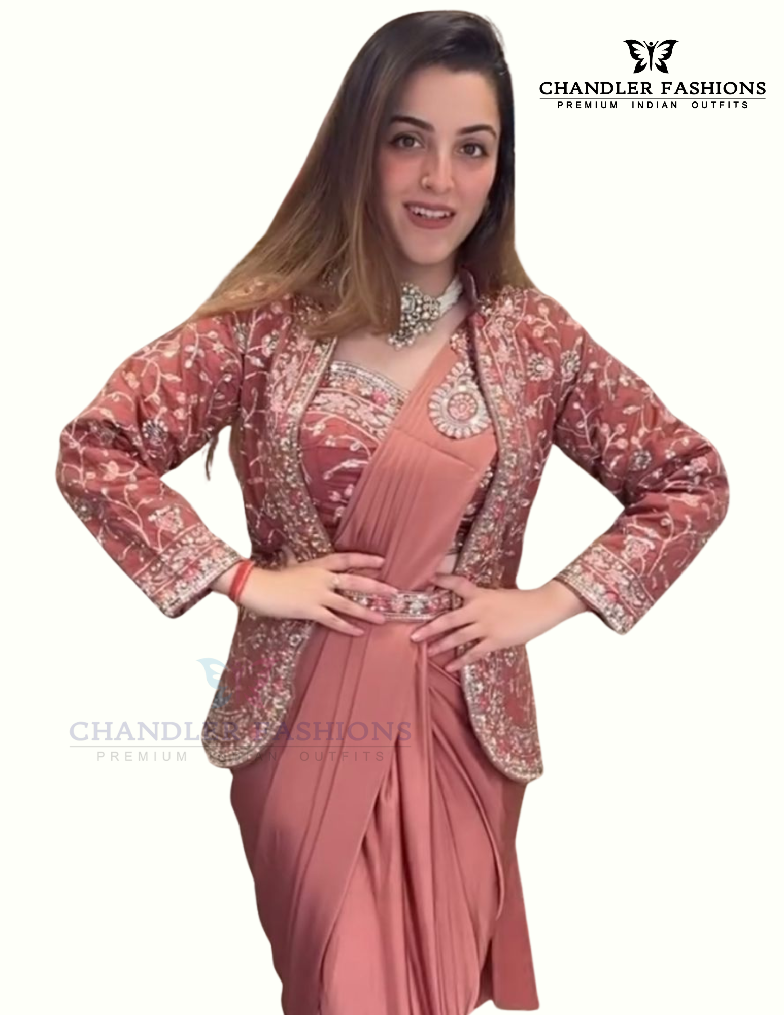 Light Peach Color Rangoli Fabric Ready To Wear Saree With Embroidered Shrug Near Me