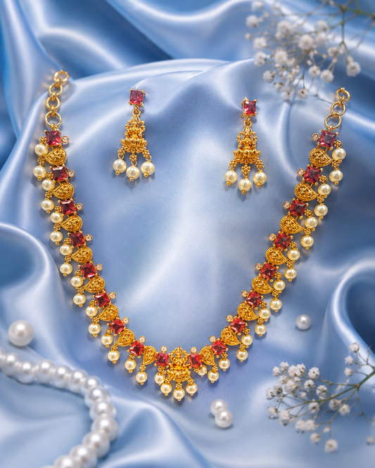 Stunning Gold Plated Pink Stones With Pearl Hangings Necklace Set For Women 