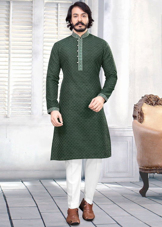 Dark Green Men's Embroidered Cotton Silk Kurta Pajama Set