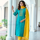 Alluring Sky Blue And Yellow Color Roman Silk Salwar Suits For Women