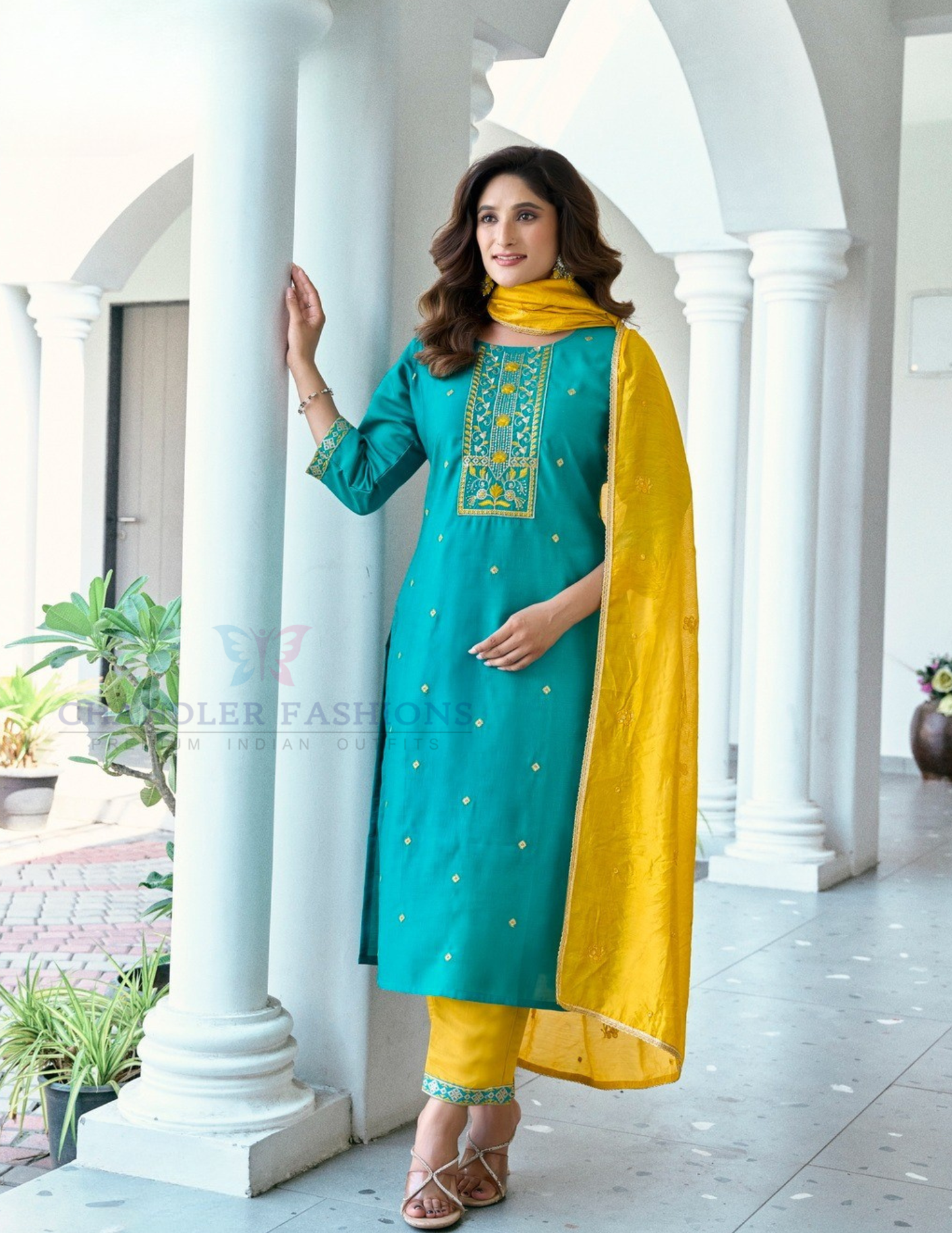 Alluring Sky Blue And Yellow Color Roman Silk Salwar Suits For Women