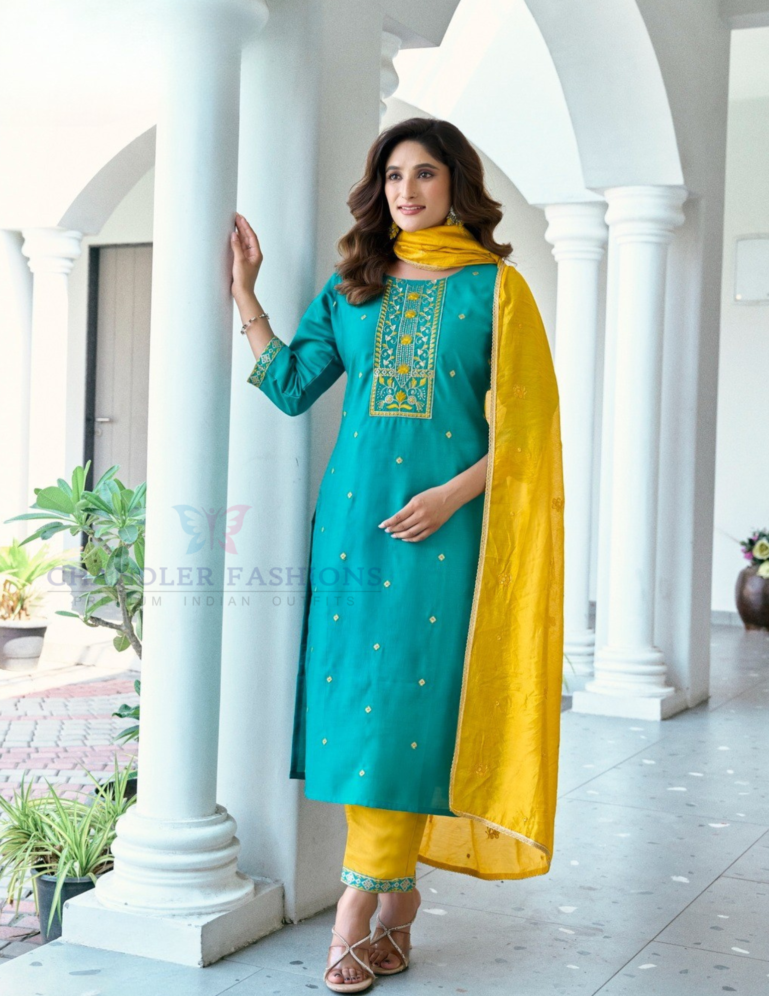 Alluring Sky Blue And Yellow Color Roman Silk Salwar Suits For Women