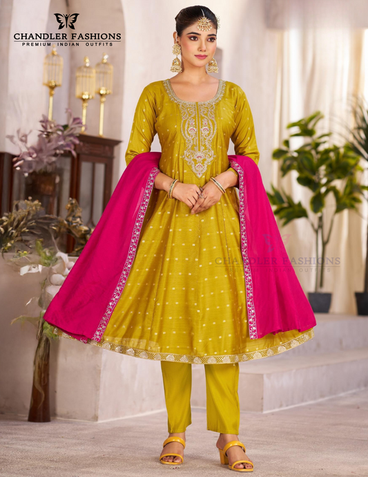 Graceful Mustard Yellow Color Chanderi Silk Salwar Suits With Embroidery Work For Women