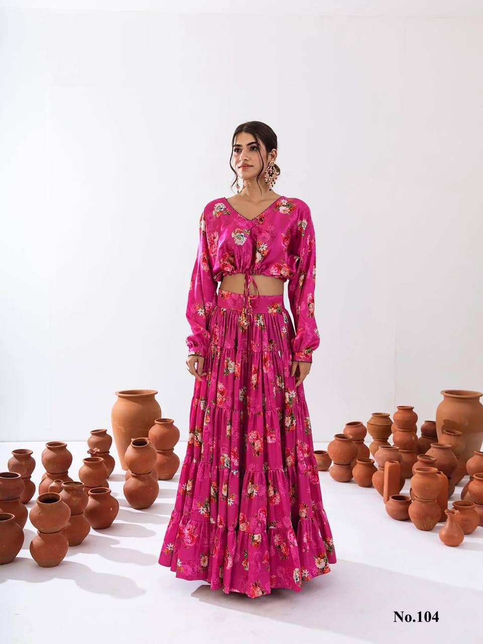 Attractive Pink Color Floral Printed Tier Lehenga With Crop Top