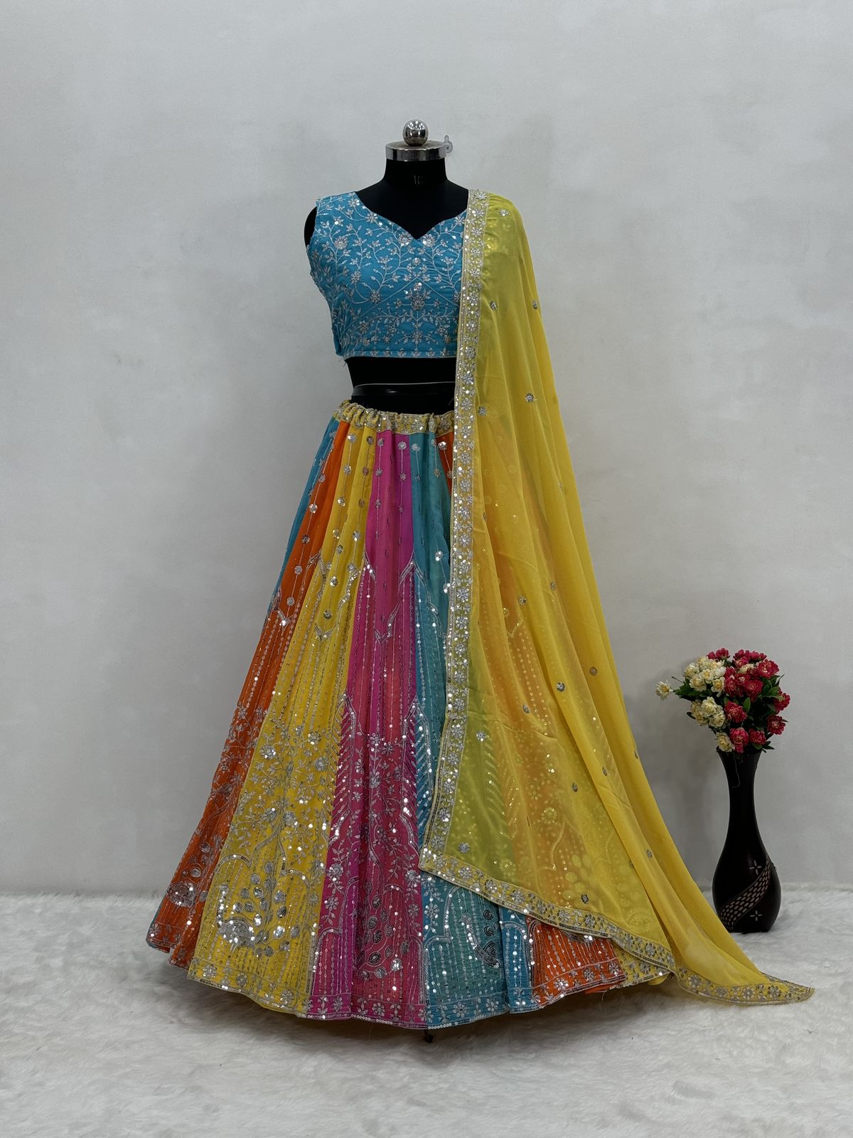 Wonderful Multicolor Heavy Embroidery Sequins Work Lehengas Choli With Dupatta set