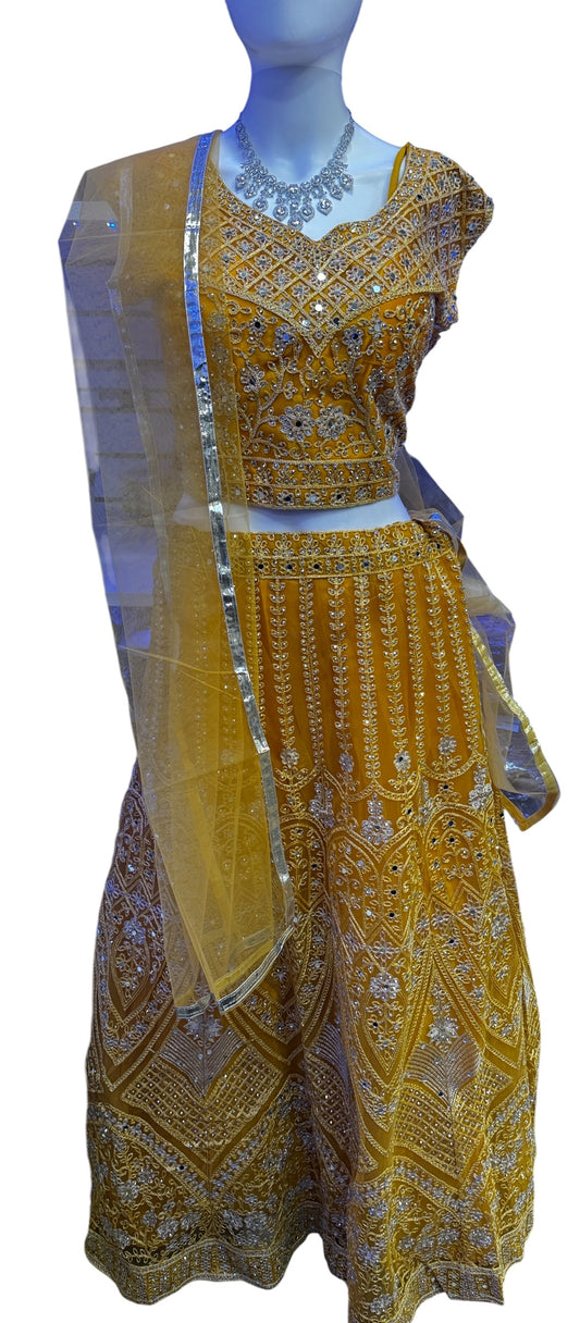 Amazing Yellow Color Georgette With Embroidery And Mirror Work Lehenga For Women