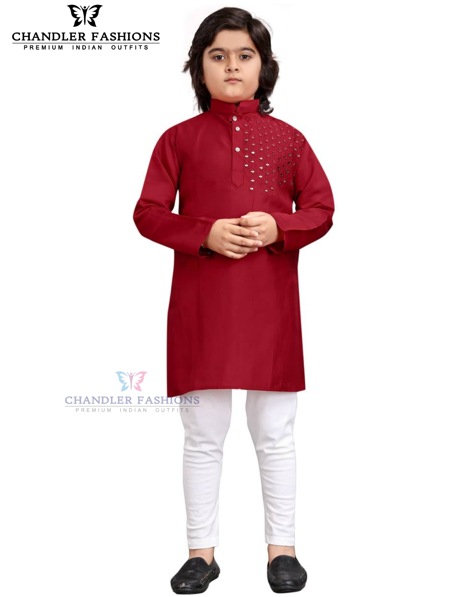 Marvelous Red Color Sequins Work Silk Kurta Set For Kids
