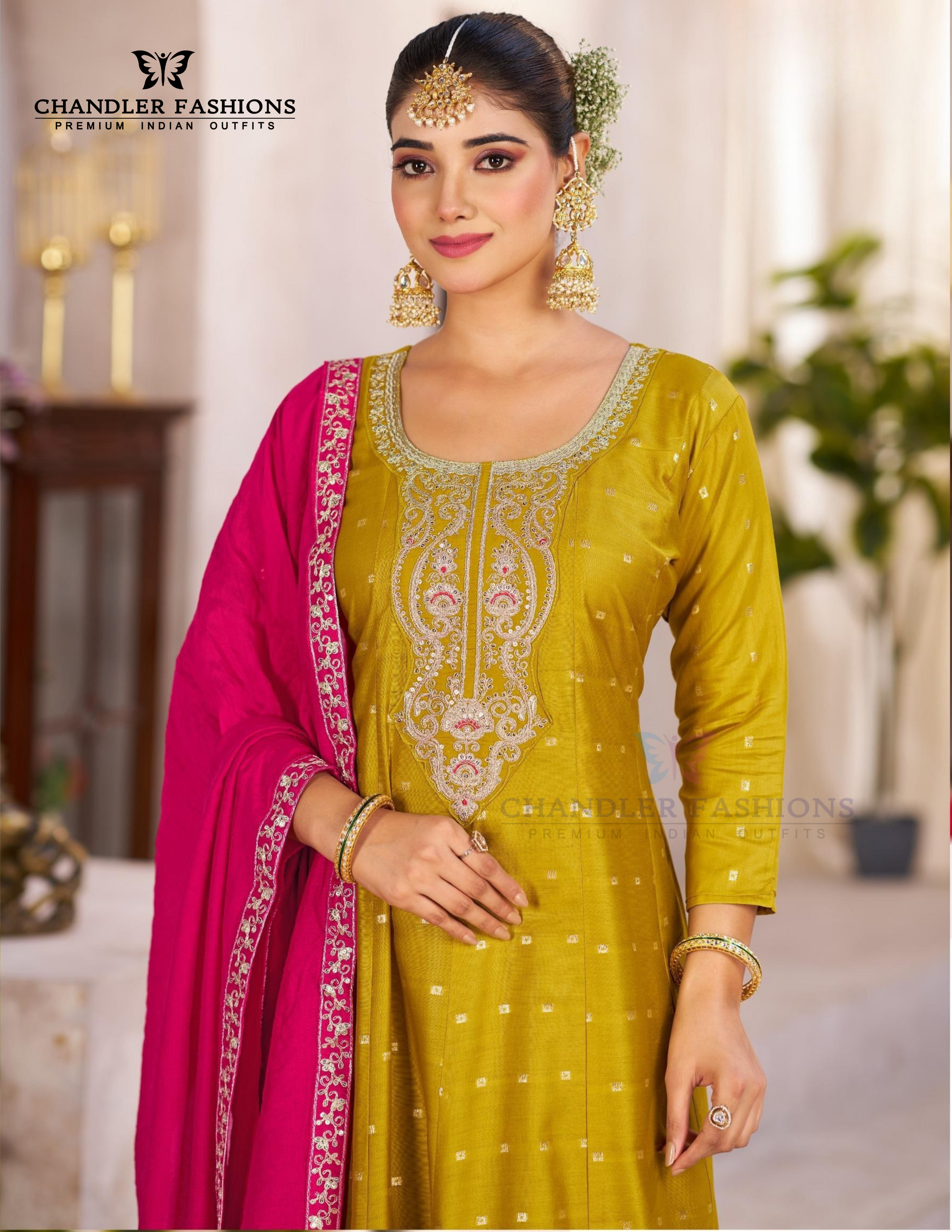 Graceful Mustard Yellow Color Chanderi Silk Salwar Suits With Embroidery Work For Women Near Me