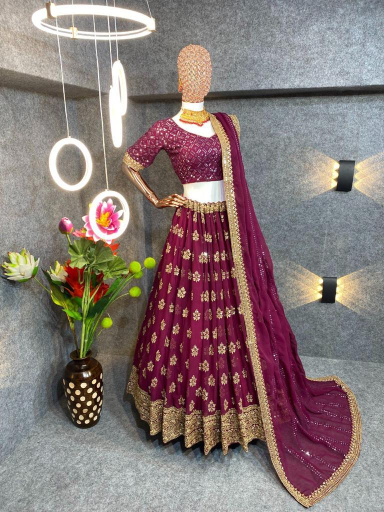 Attractive Wine Colored Faux Georgette Sequence And Embroidery With Multi Needle Work Lehenga Choli For Women