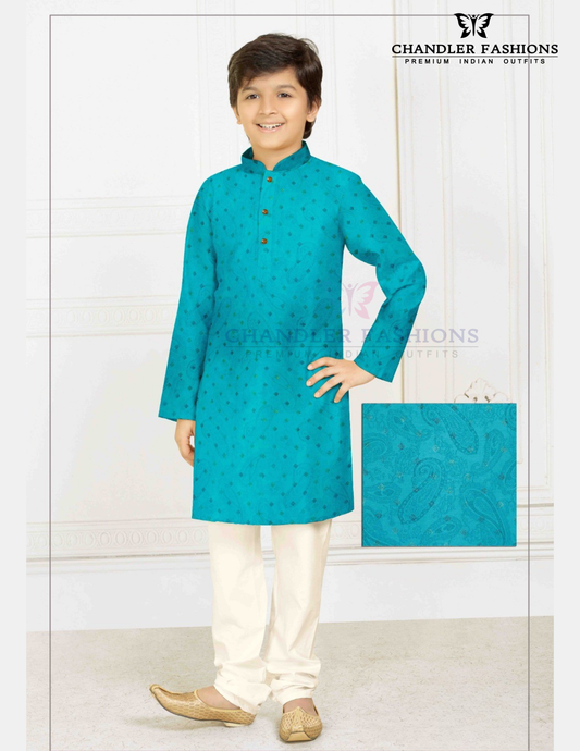 Alluring Blue Color Poly Cotton With Print Work Kurta Pajama Set For Kids