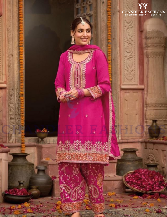 Charming Pink Color Chinon With Embroidery Work With Palazzo Suits For Women