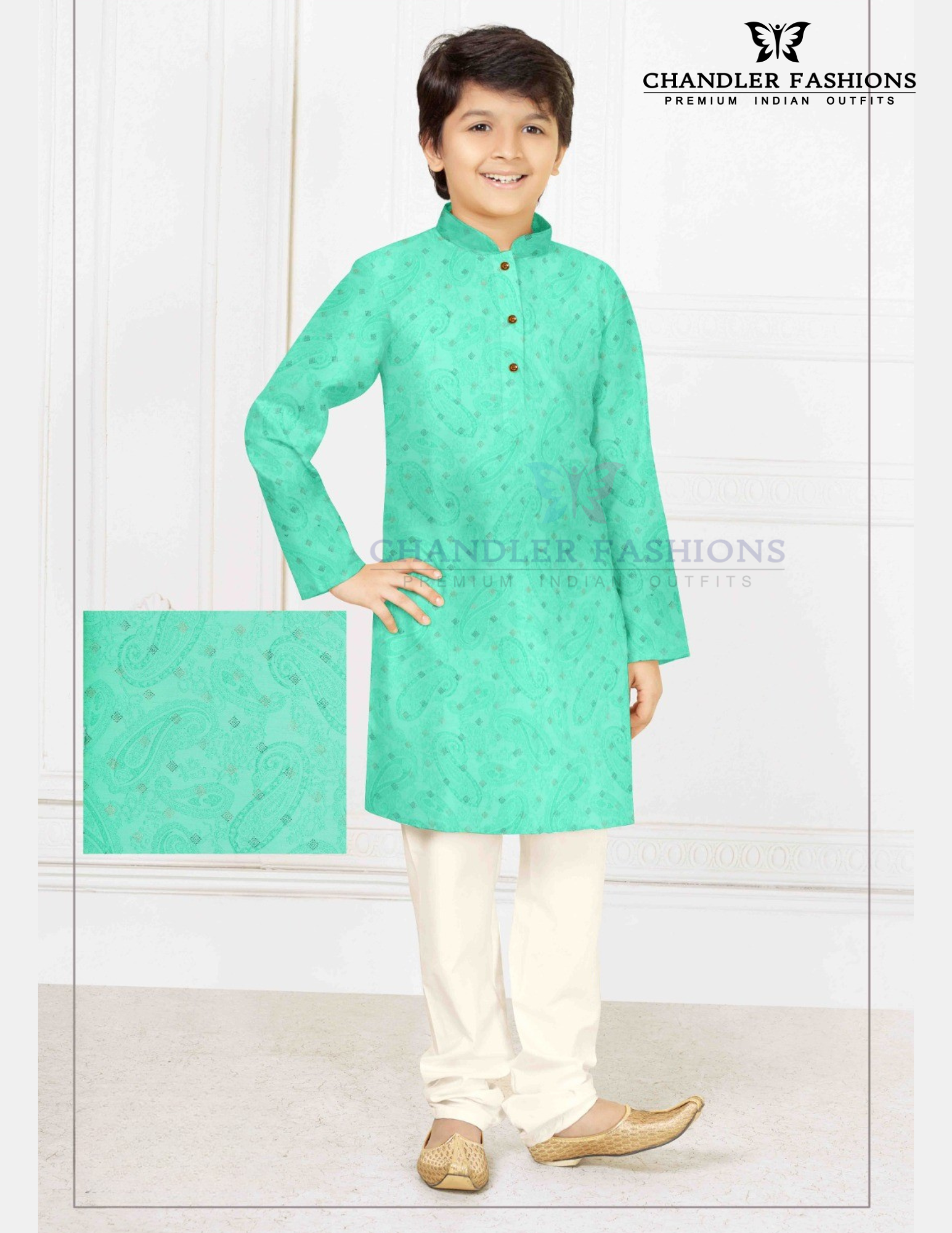 Amazing Sea Blue Color Poly Cotton With Print Work Kurta Pajama Set For Kids