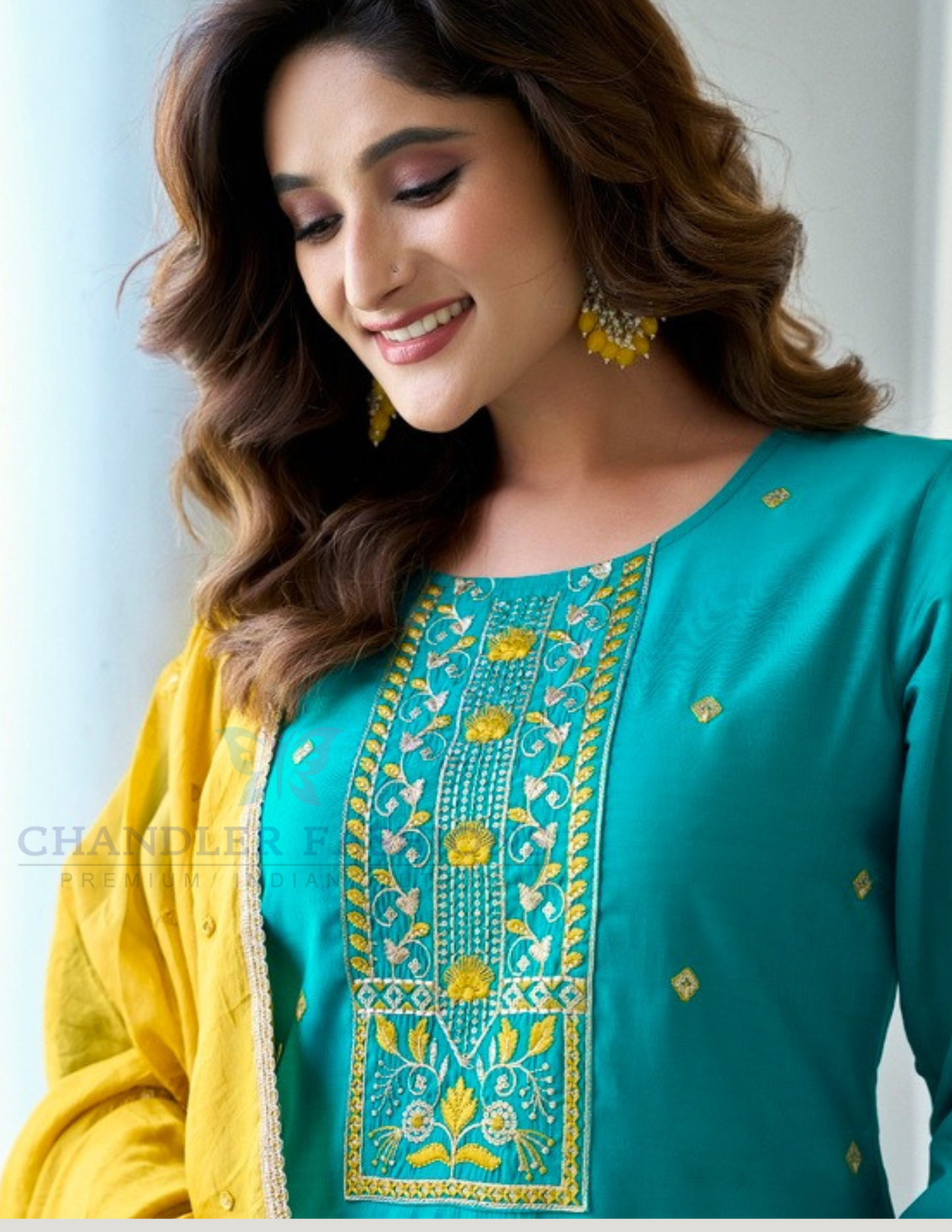 Sky Blue And Yellow Color Roman Silk Salwar Suits In USA