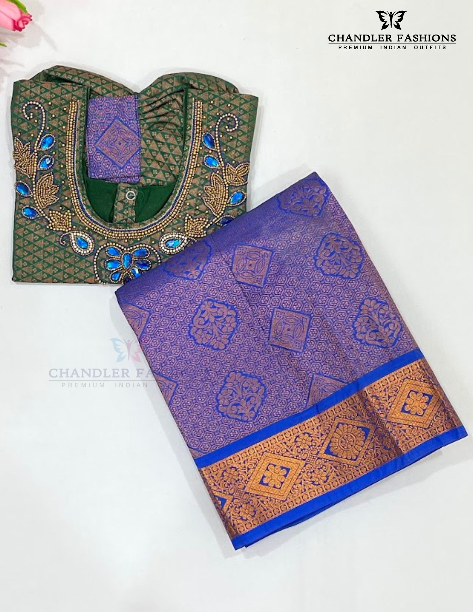 Beautiful Green And Blue Color Stone Work With Silk Langa set For Girls Near Me