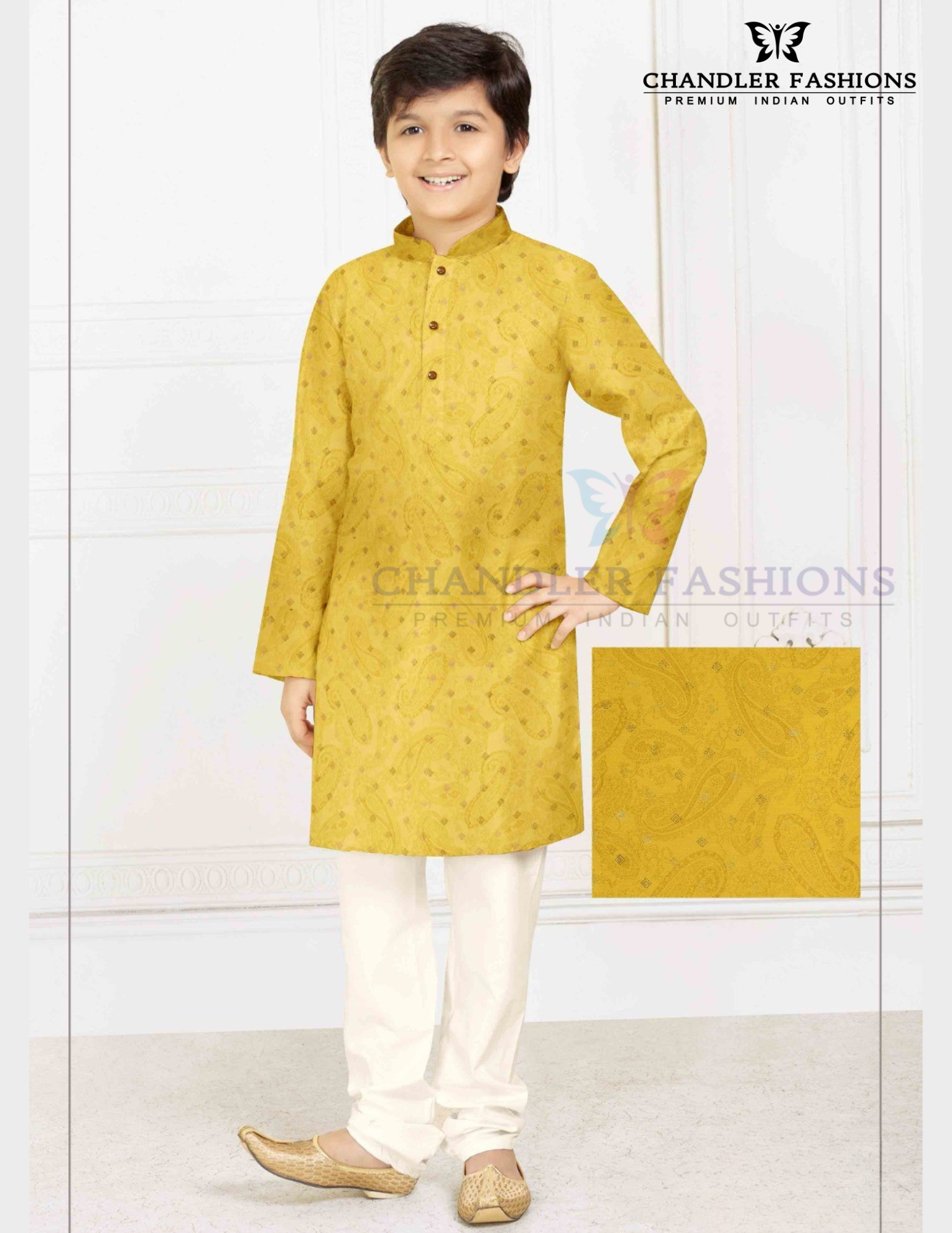 Fabulous Yellow Color Poly Cotton With Print Work Kurta Pajama Set For Kids