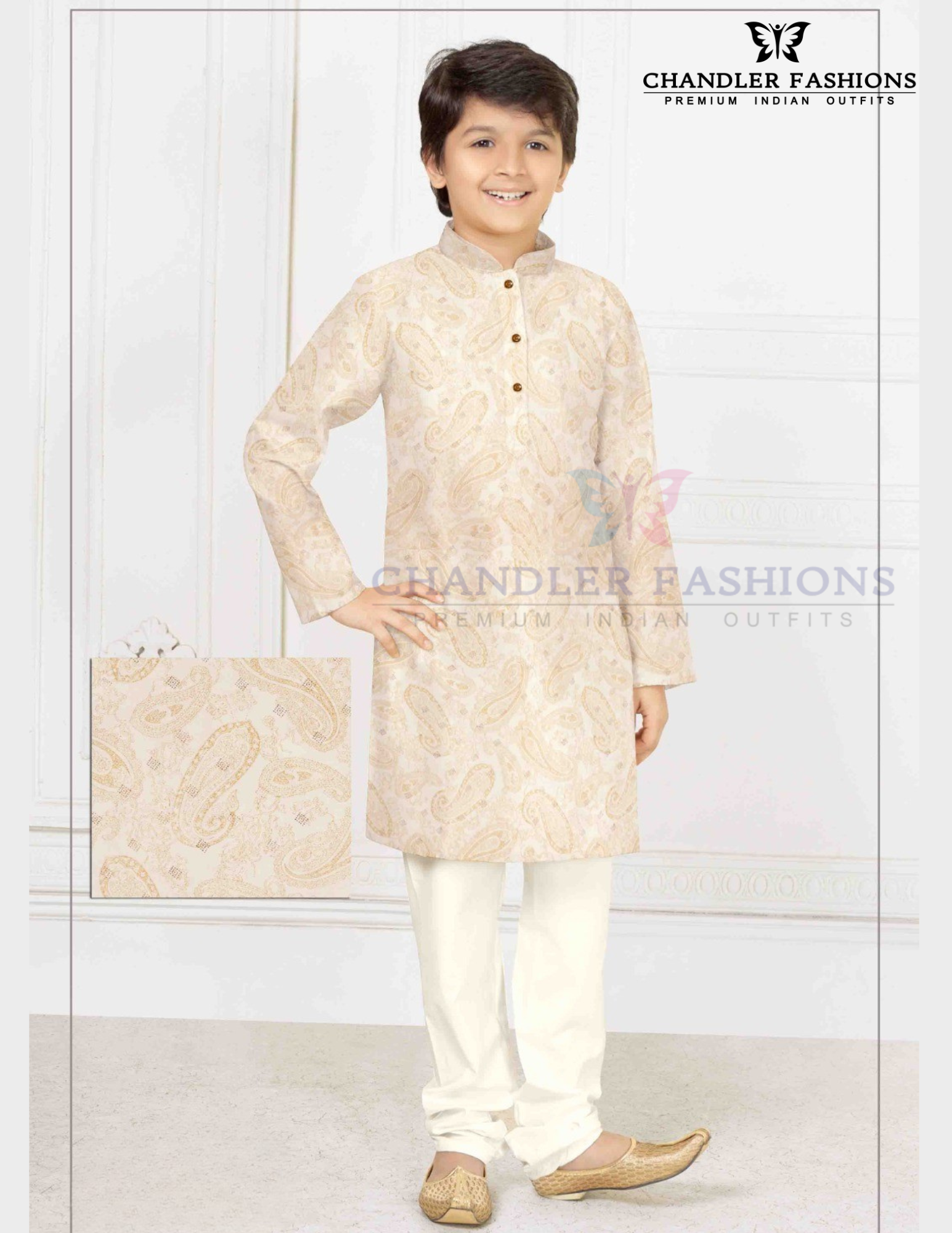 Charming Beige Color Poly Cotton With Print Work Kurta Pajama Set For Kids