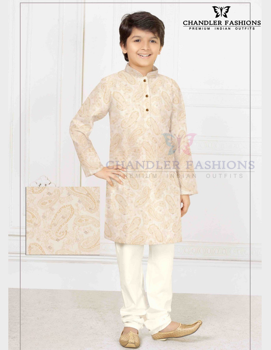 Charming Beige Color Poly Cotton With Print Work Kurta Pajama Set For Kids