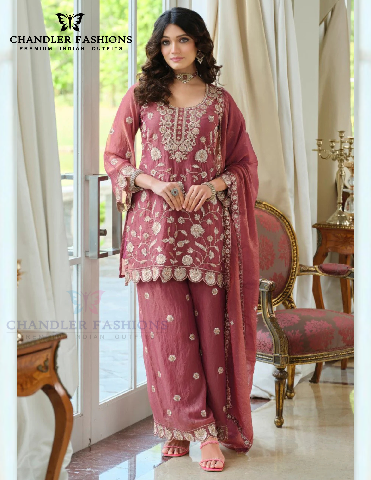 Fabulous Pink Color Moss Silk With Embroidery Work Palazzo Suits For Women