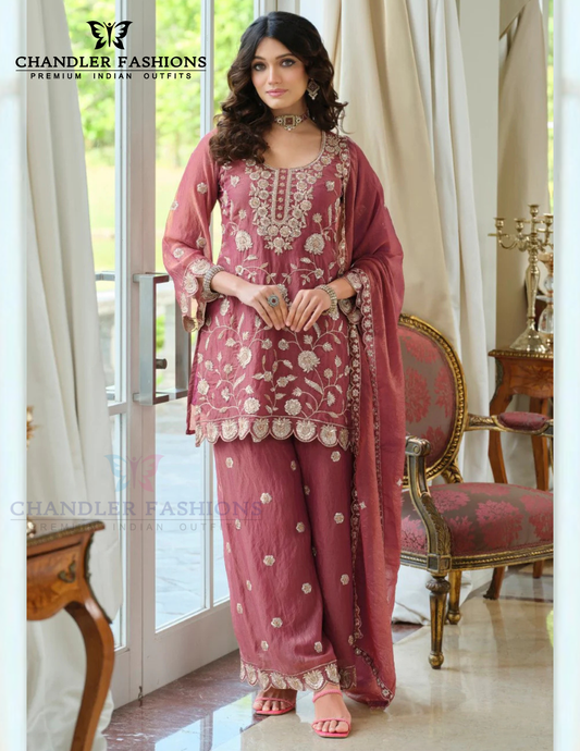 Fabulous Pink Color Moss Silk With Embroidery Work Palazzo Suits For Women
