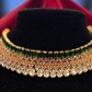 Traditional Gold Plated With Green And White Stone Choker And Earrings
