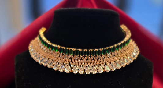 Traditional Gold Plated With Green And White Stone Choker And Earrings