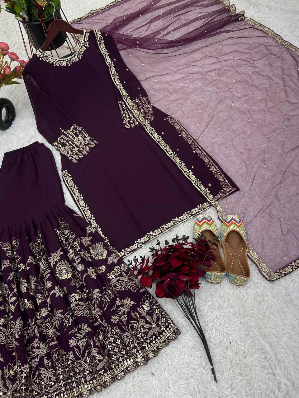 Purple Color Heavy Faux Georgette Sharara With Embroidery Work  In Tempe