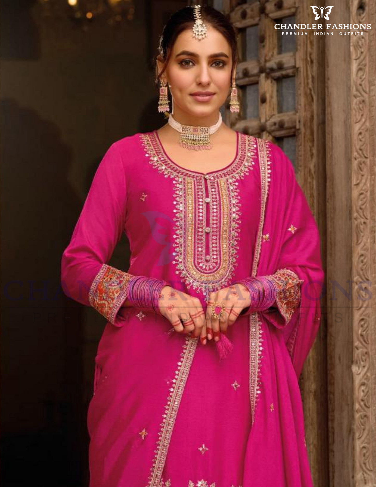 Charming Pink&nbsp;Color Chinon With Embroidery Work With Palazzo Suits Near Me