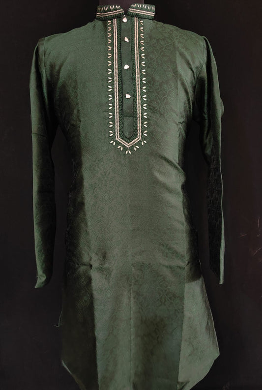 Gorgeous Green Colored Banarasi Brocade  Embroidery Work Kurta Pajama Pant For Men