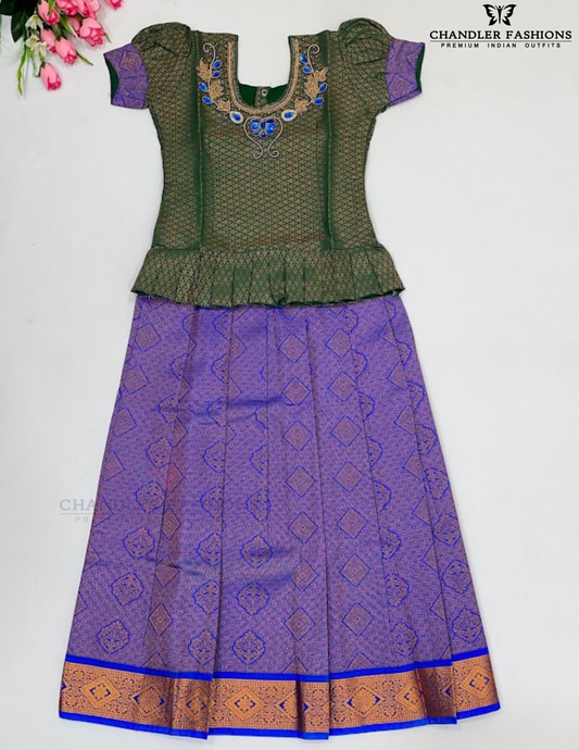 Beautiful Green And Blue Color Stone Work With Silk Langa set For Girls