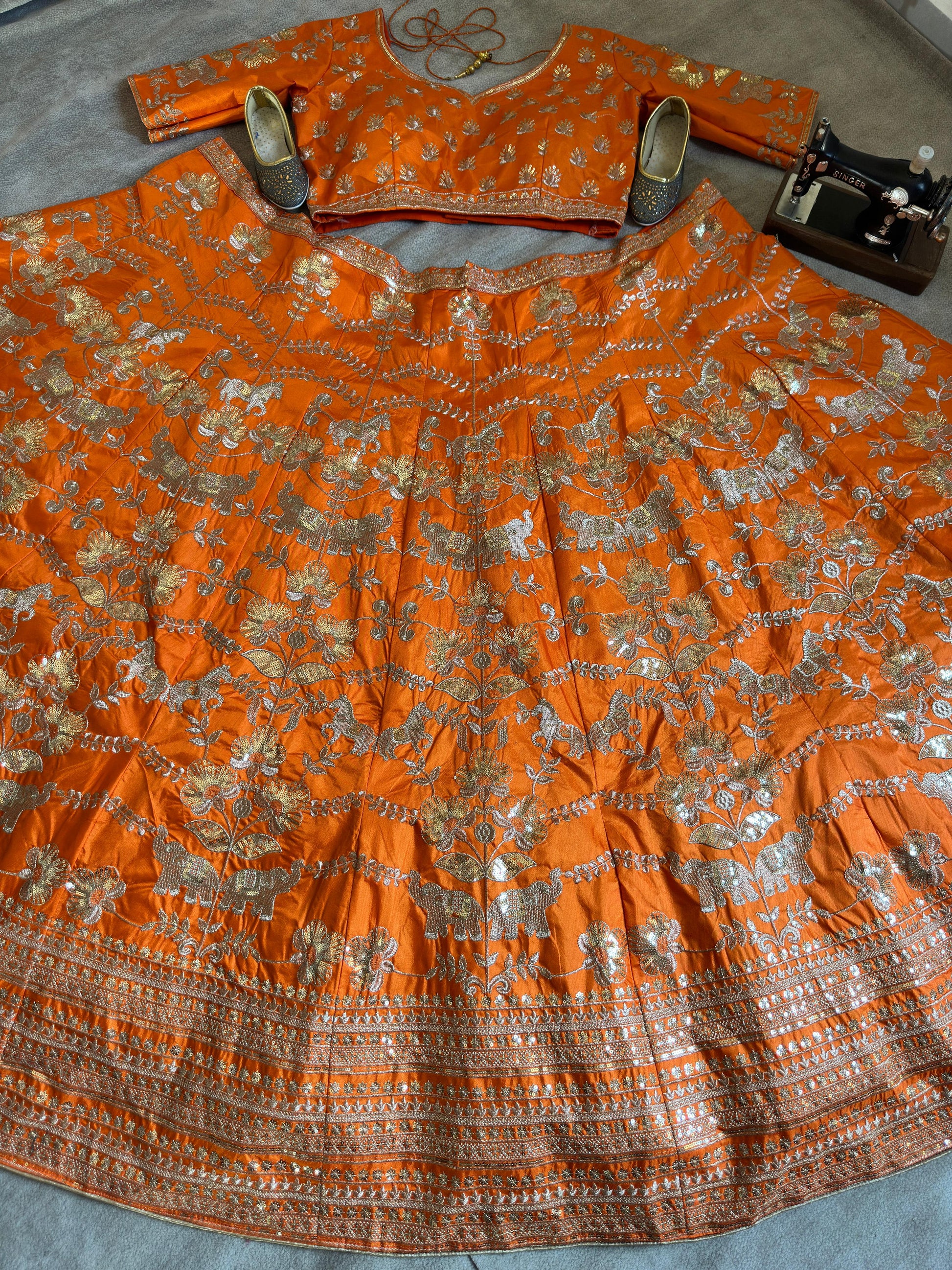 Orange Color Sequins And Zari Embroidery Work Lehenga In Yuma