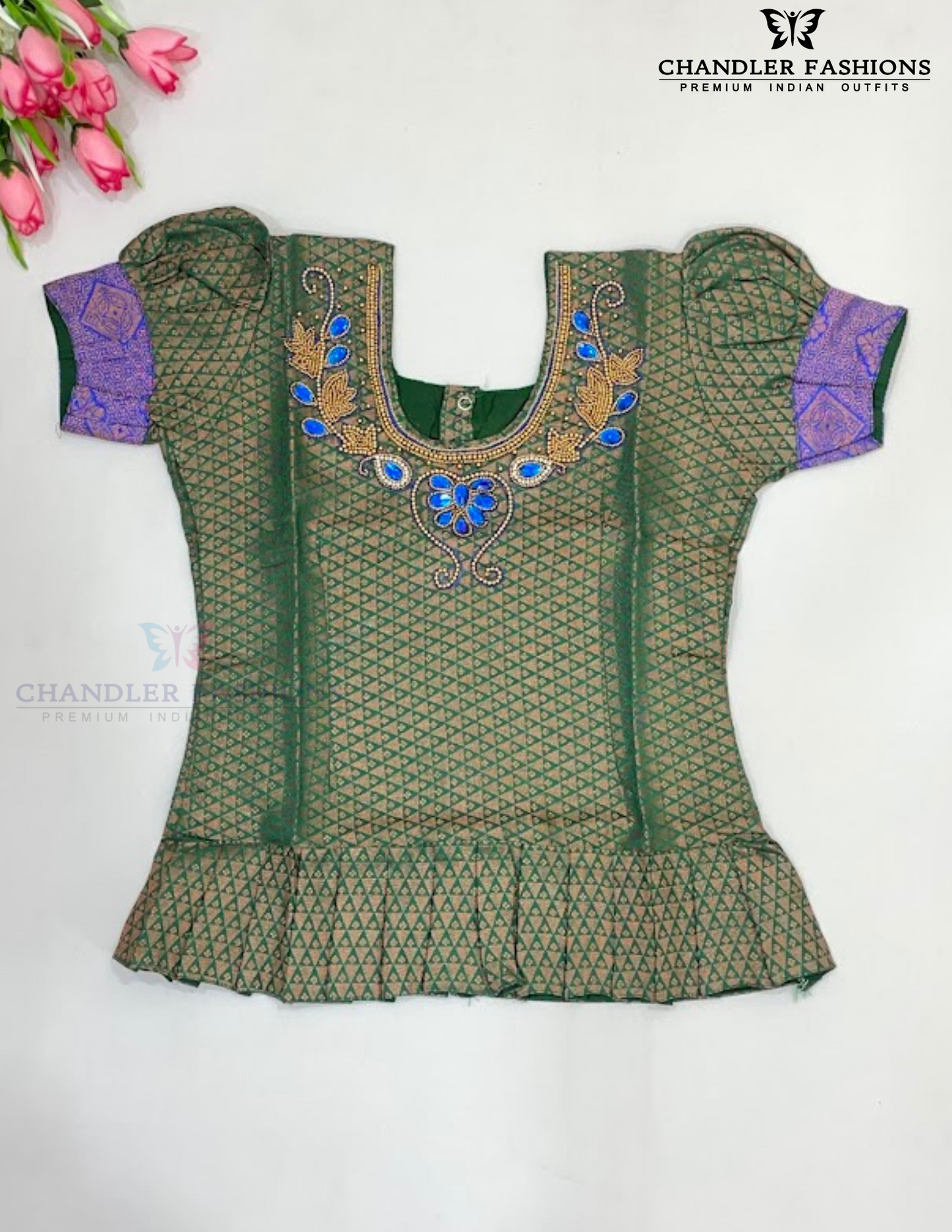 Beautiful Green And Blue Color Stone Work With Silk Langa set In Chandler