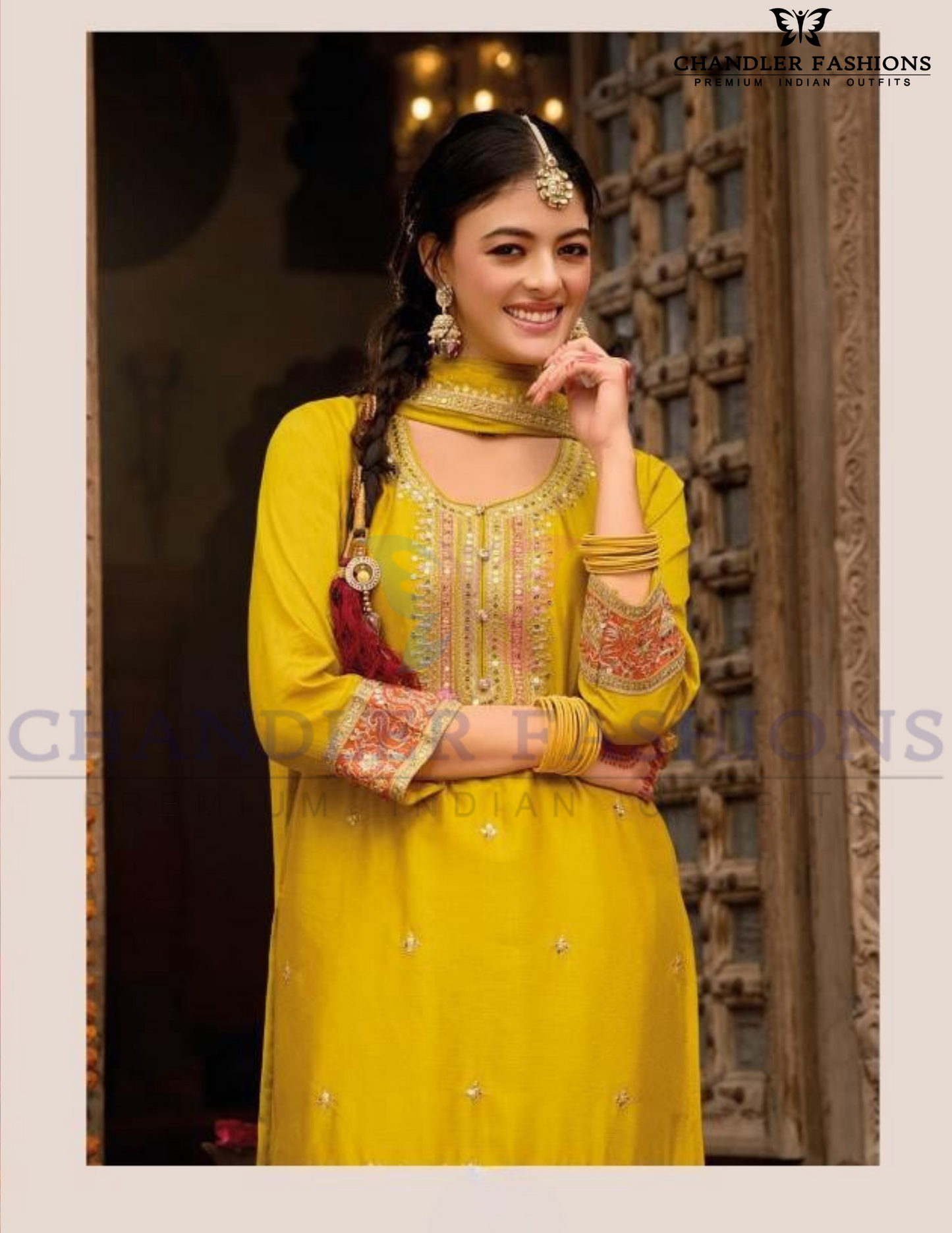 Delightful Yellow Color Chinon With Embroidery Work With Palazzo Suits Near Me