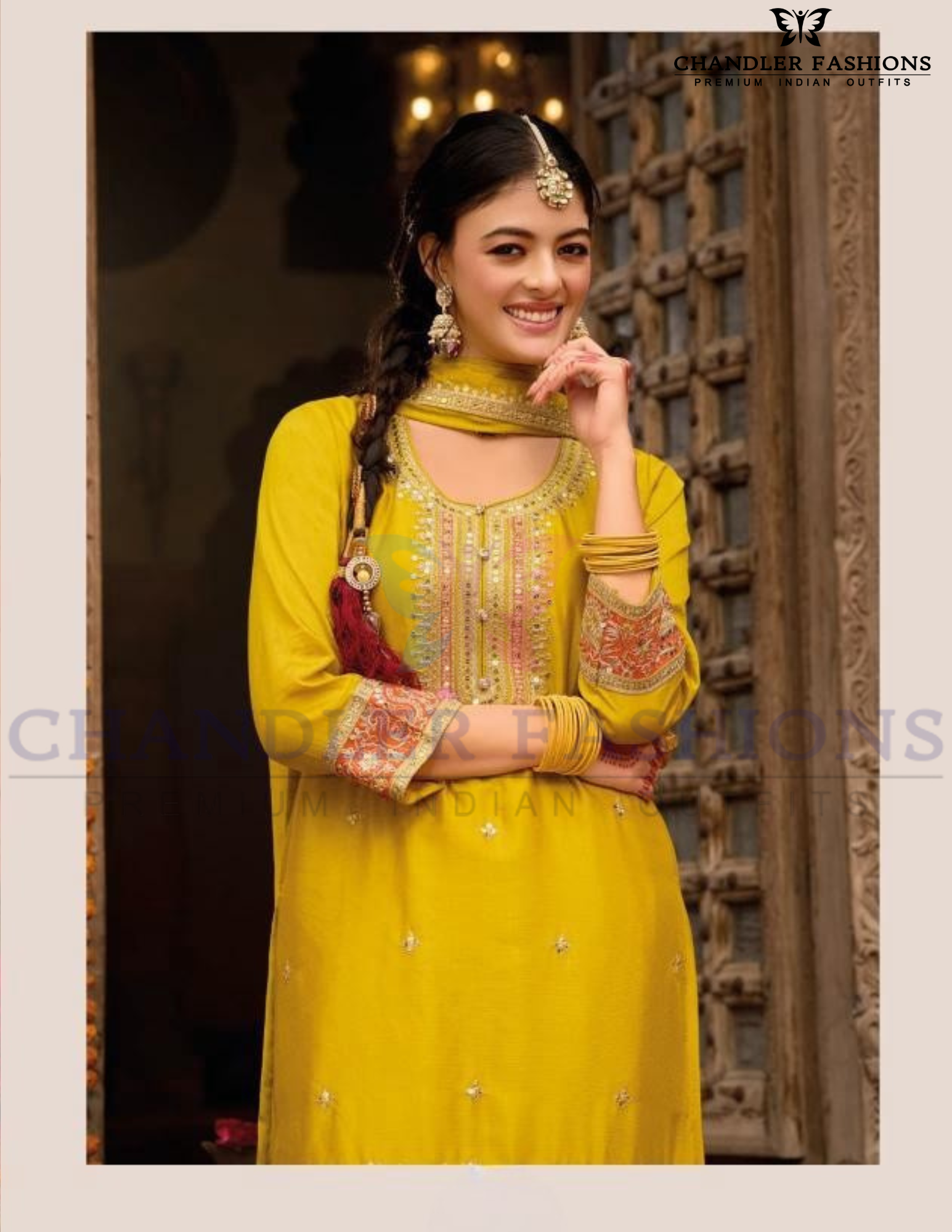 Delightful Yellow Color Chinon With Embroidery Work With Palazzo Suits Near Me