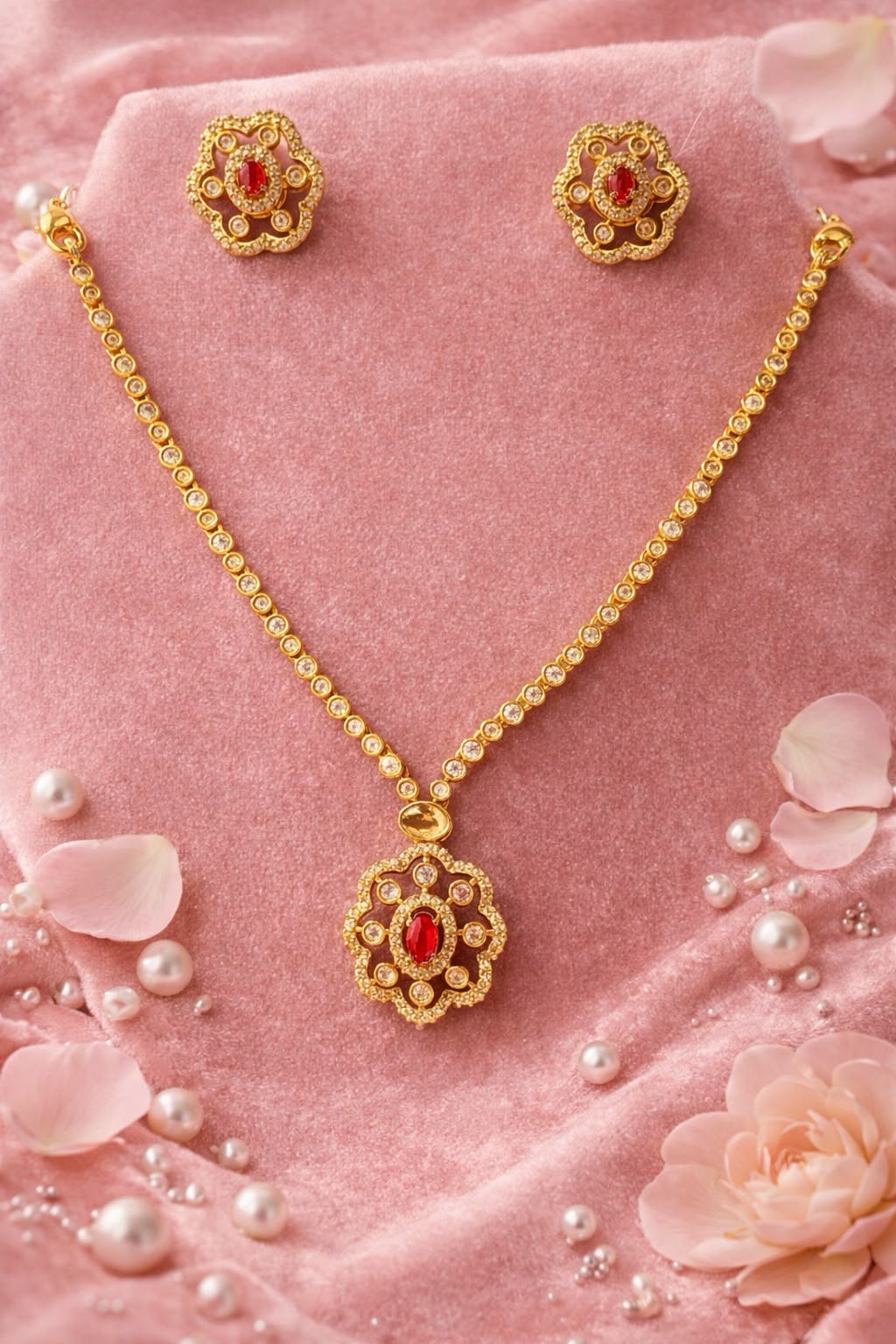 Beautiful Gold Plated Pendant Set with Pink Stone With Earrings