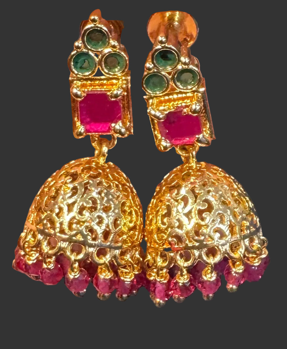 Gold plated With Dark Pink And Green Stones Earrings In Mesa