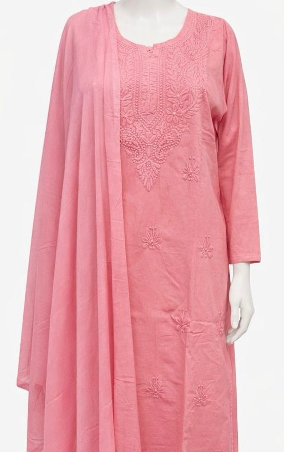 Alluring Pink Color Cotton With Chikankari Work Palazzo Suits For Women