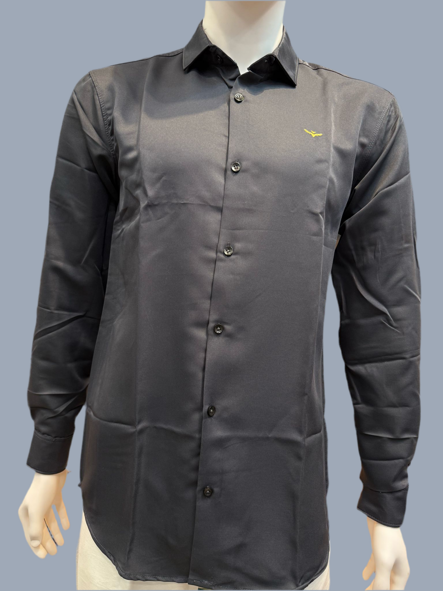 Pleasing Dark Grey Color Full Sleeve Shining Silk Shirts For Men