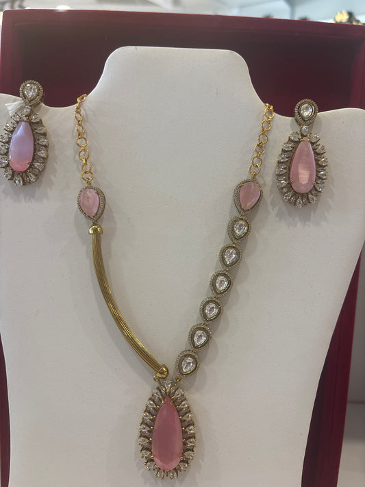 Alluring Pink And White Stones Gold Plated Necklace With Earrings Set
